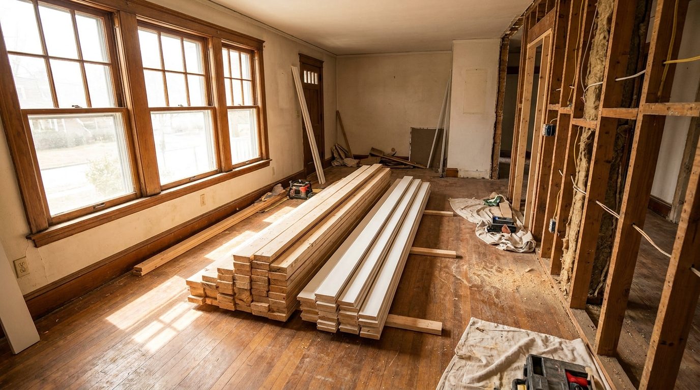 New England home interior mid-renovation with lumber staged neatly