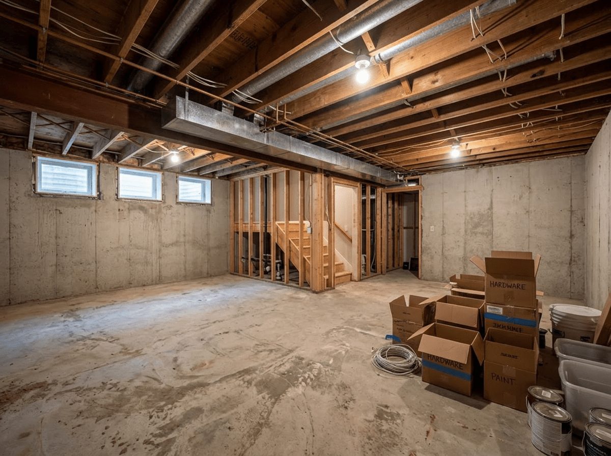 Basement before — unfinished condition prior to basement finishing in Franklin, MA