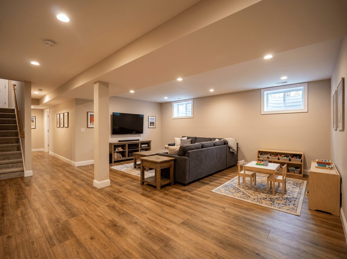 Basement Remodel after — finished basement build-out completed in Medway, MA by JP Creative Maintenance