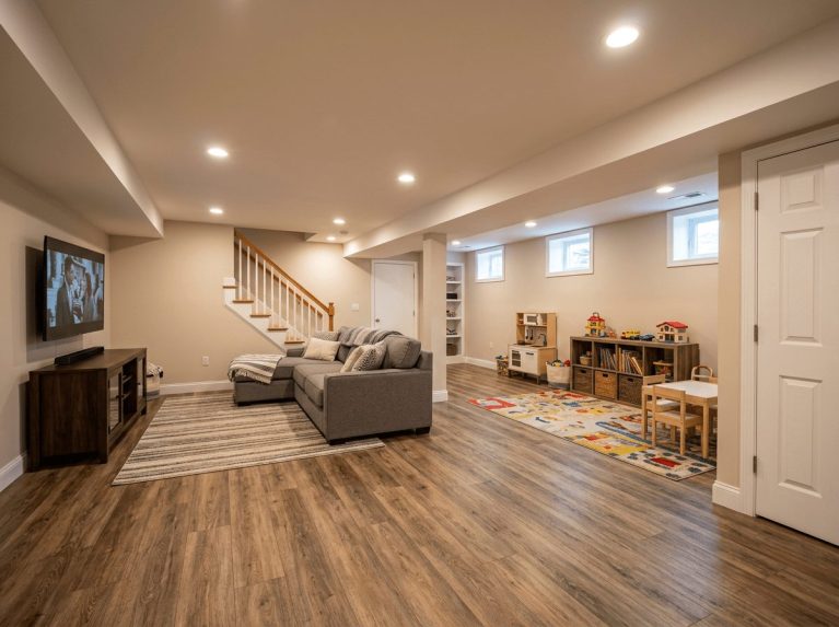 Basement Remodel after — basement family room completed in Milford, MA by JP Creative Maintenance
