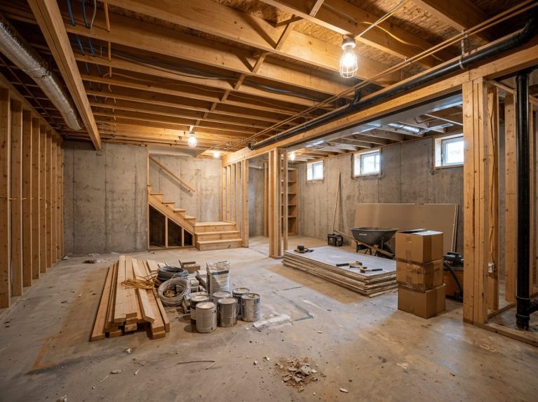 Basement Remodel before — original condition prior to basement family room in Milford, MA