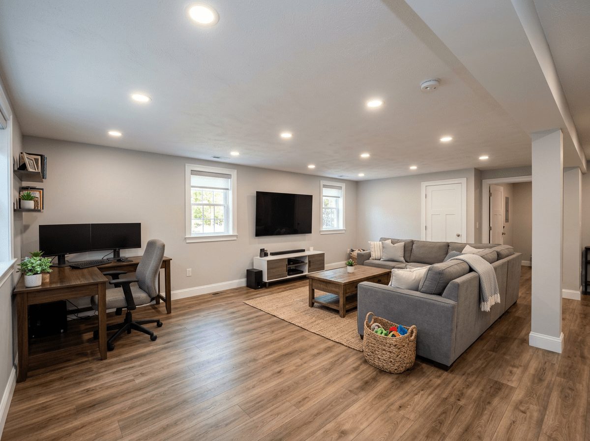 Basement Remodel after — basement finishing completed in Natick, MA by JP Creative Maintenance