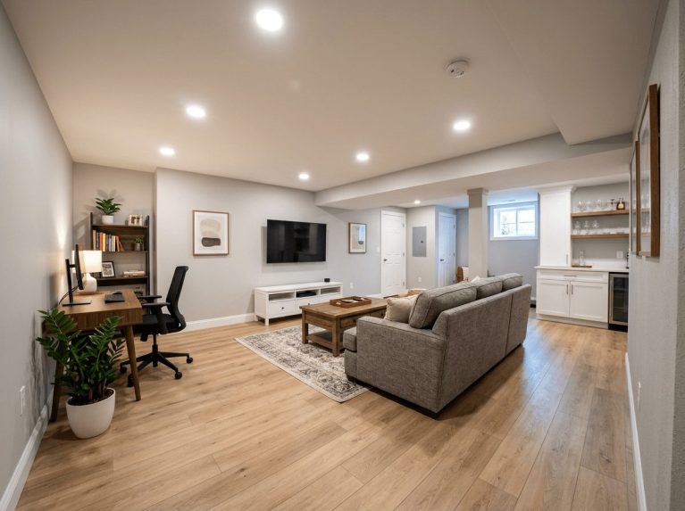 Basement Remodel after — basement family room completed in Wrentham, MA by JP Creative Maintenance