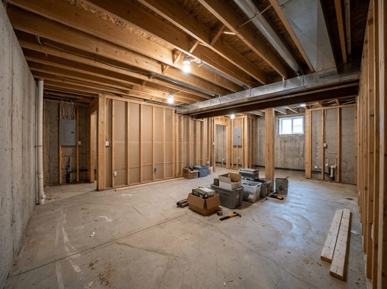 Basement Remodel before — original condition prior to basement family room in Wrentham, MA