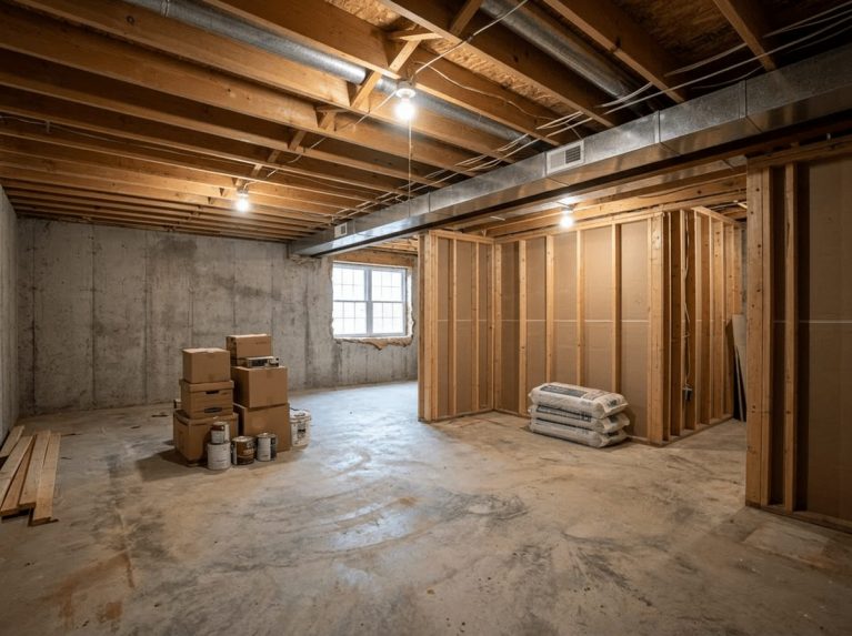 Basement Remodel before — original condition prior to basement remodel in Millis, MA