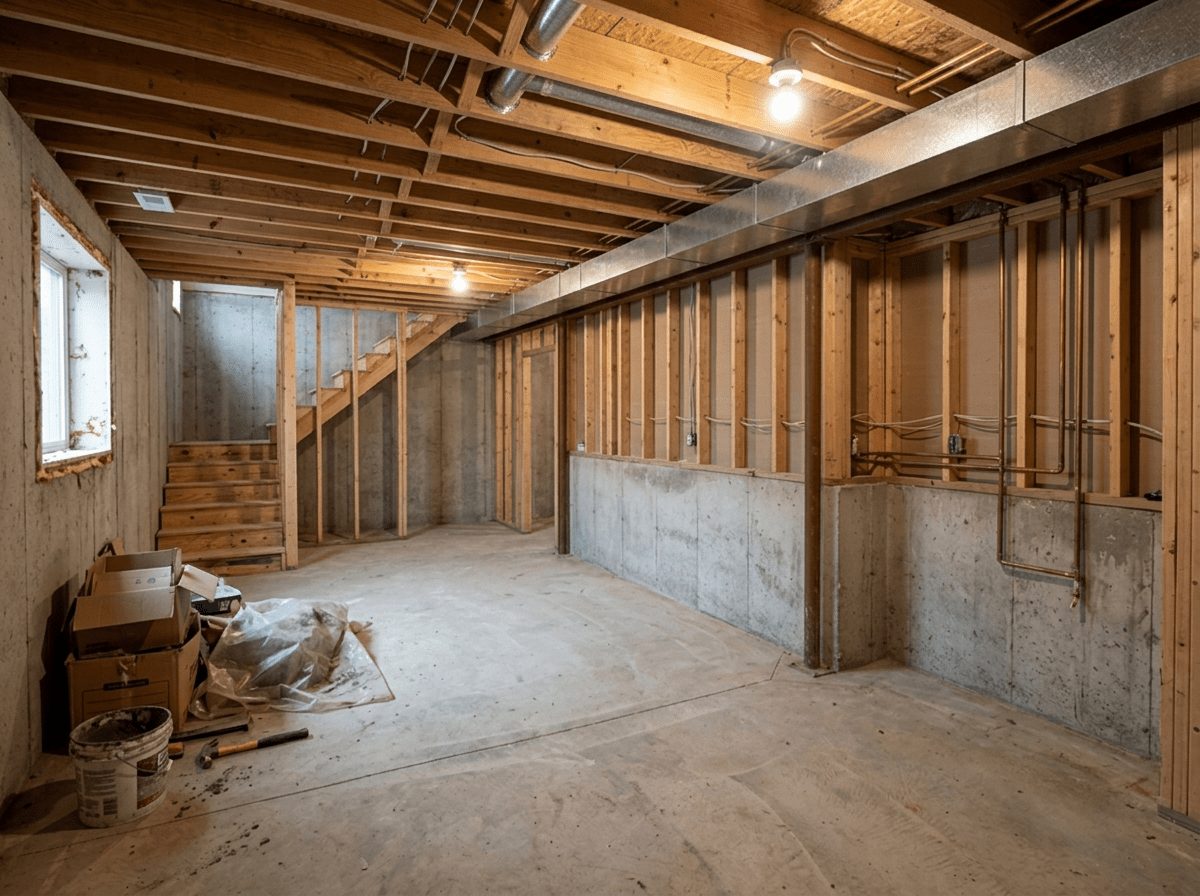 Basement before — original condition prior to finished basement build-out in Newton, MA