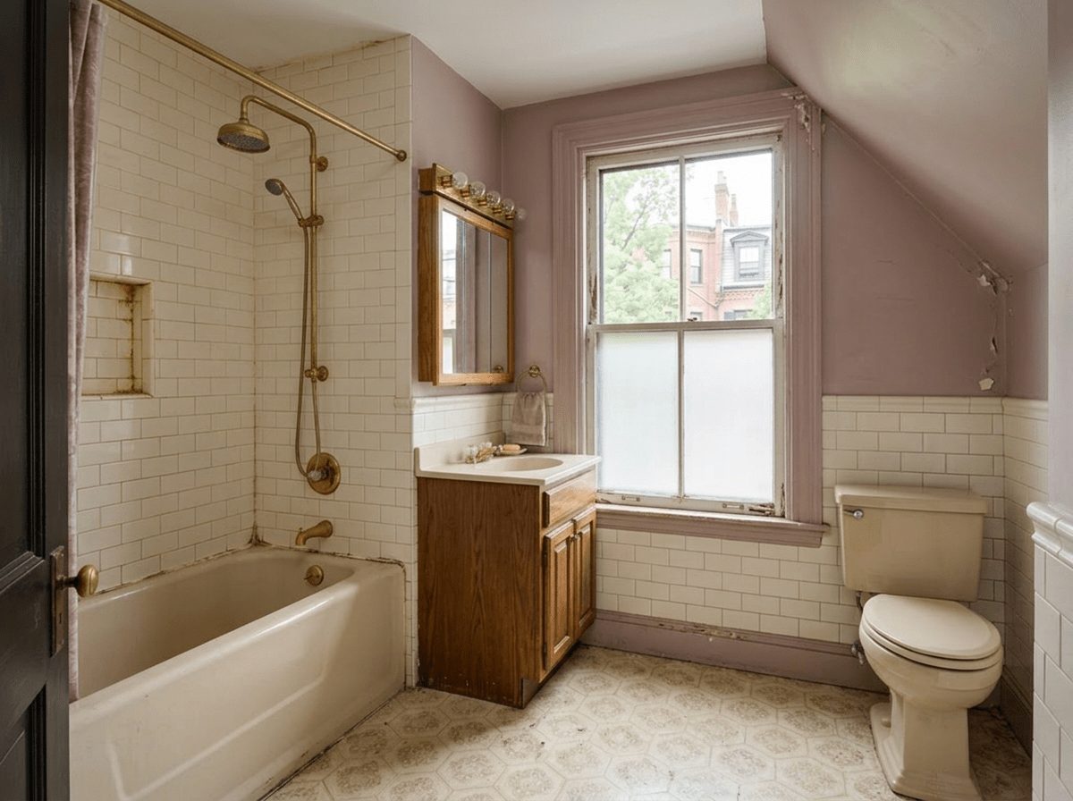 Bathroom Remodel before &mdash; original condition prior to hall bath transformation in South End, Boston