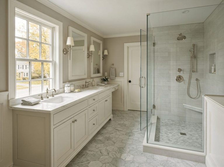 Bathroom Remodel after — tub-to-shower conversion completed in Needham, MA by JP Creative Maintenance