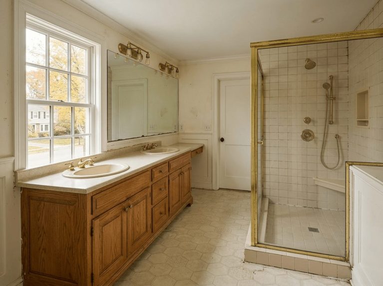 Bathroom Remodel before — original condition prior to tub-to-shower conversion in Needham, MA