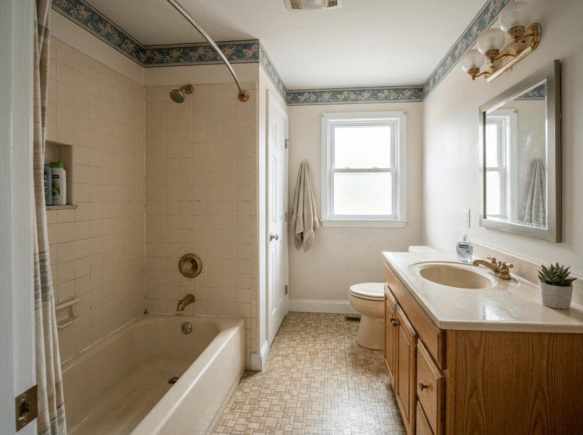 Bathroom Remodel before &mdash; original condition prior to compact bath remodel in Natick, MA