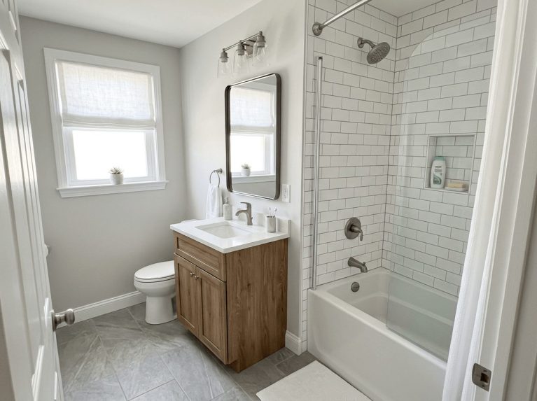 Bathroom Remodel after — guest bath renovation completed in Bellingham, MA by JP Creative Maintenance