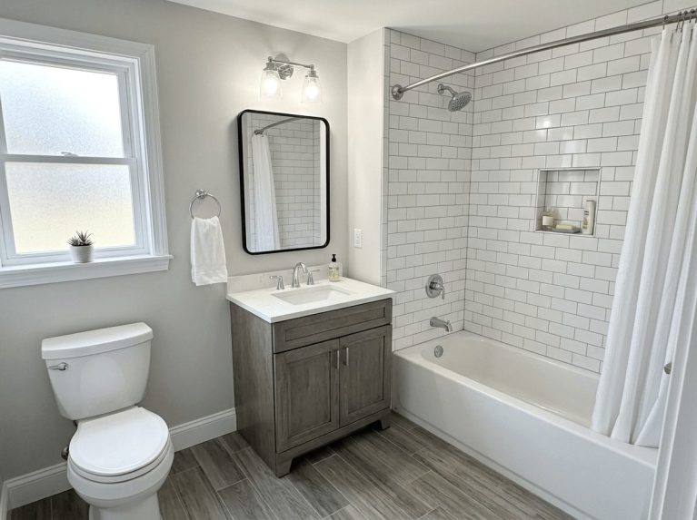 Bathroom Remodel after — bathroom gut renovation completed in Bellingham, MA by JP Creative Maintenance