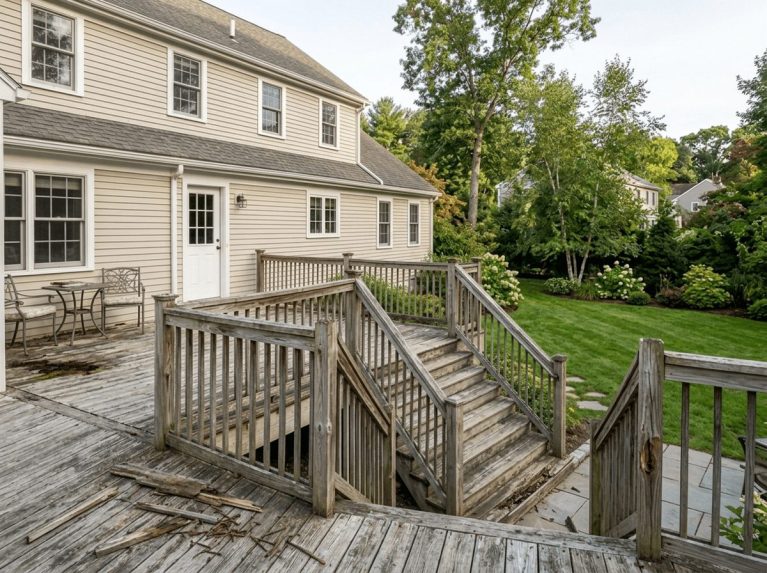 Deck & Porch before — original condition prior to new deck build in Wrentham, MA