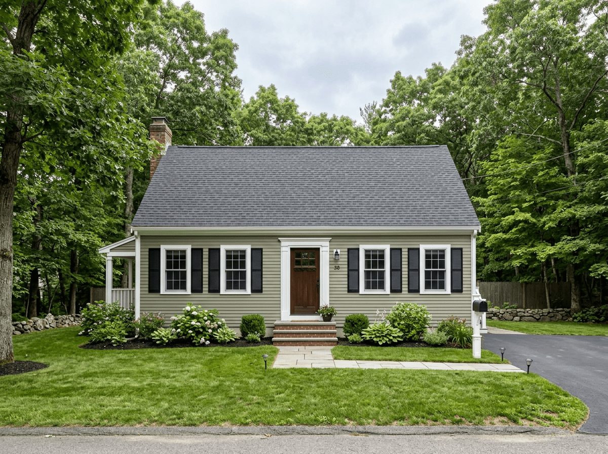 Completed JP exterior repaint in Bellingham, MA — sage Cape with crisp white trim and dark shutters among mature trees