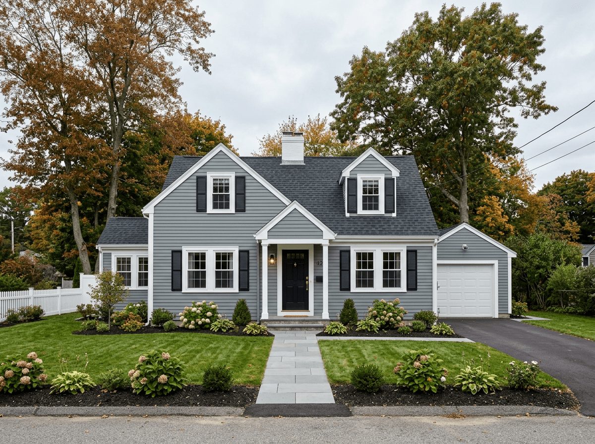 Completed JP exterior repaint in Bellingham, MA — blue-grey Cape with crisp white trim, black shutters, and a black front door