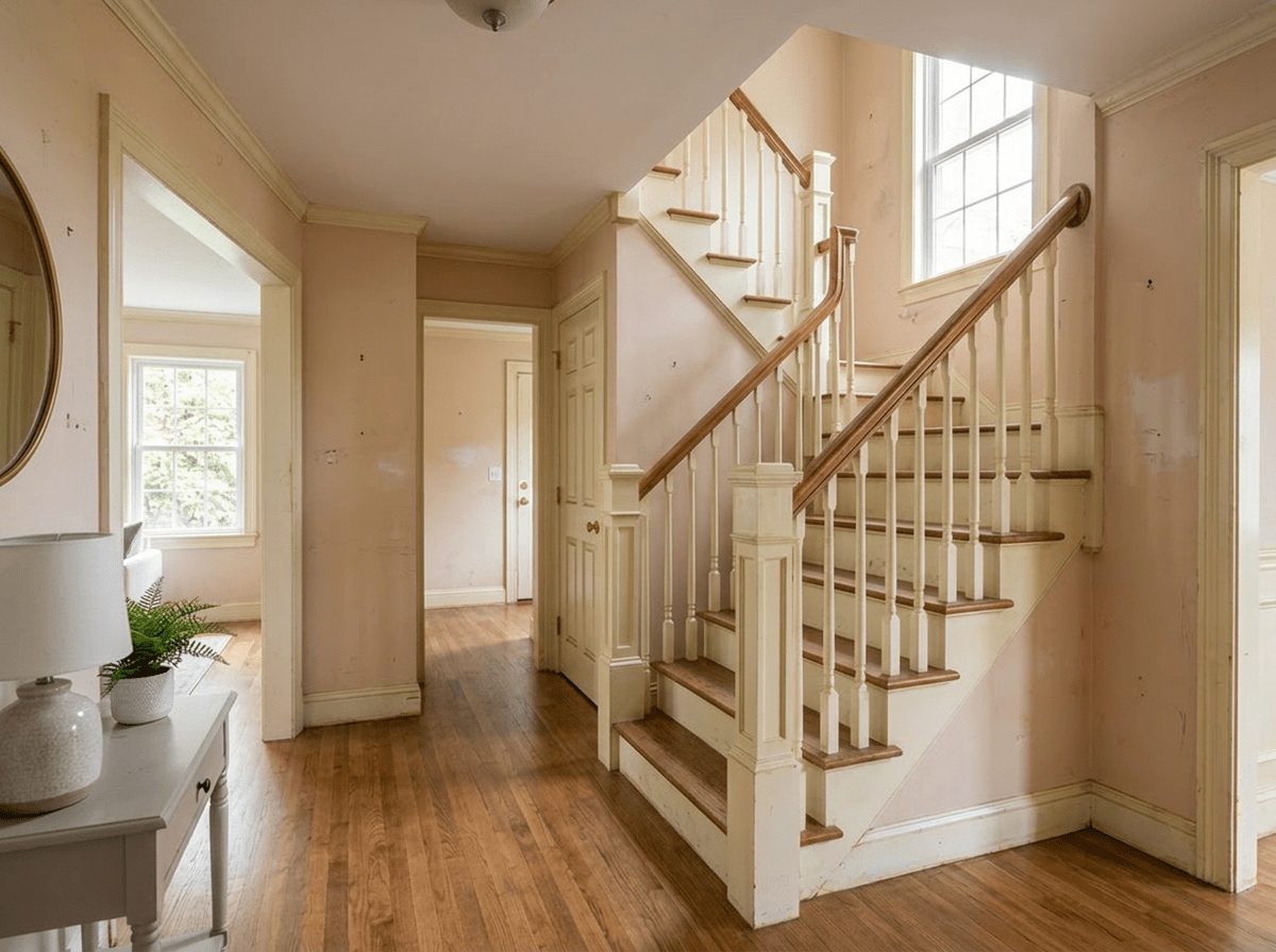 Hallway and staircase before — scuffed beige walls and tired trim prior to the interior repaint in Bellingham, MA