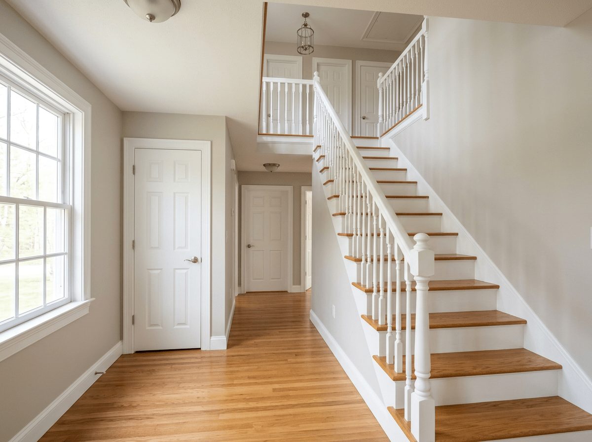 Completed JP interior repaint in Bellingham, MA — stair hall with fresh warm white walls and crisp trim