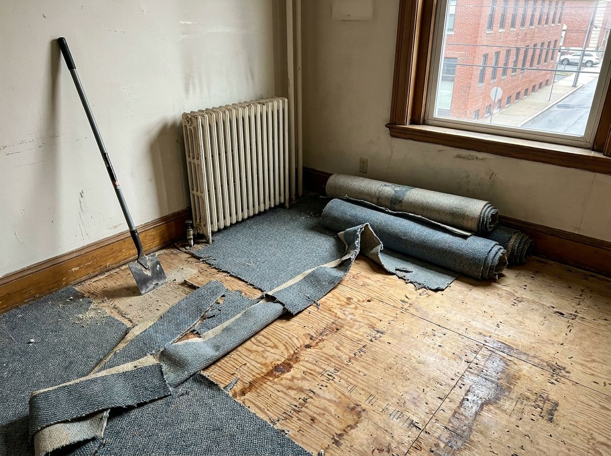 Worn commercial carpet being removed to prepare for new flooring