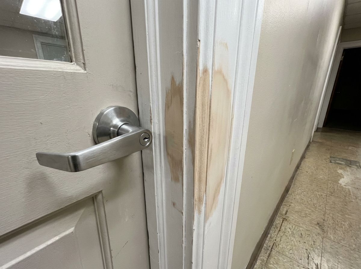 New commercial door hardware and repaired jamb - punch-list work