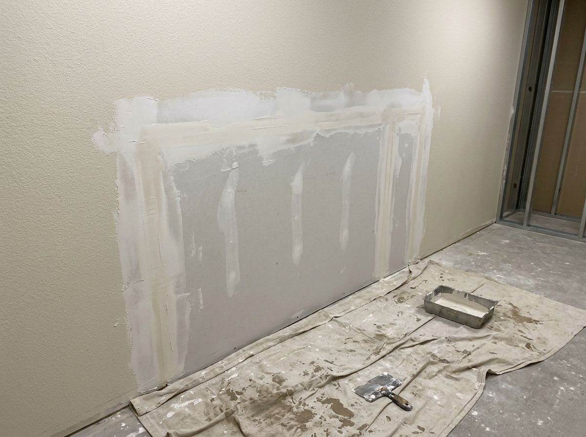 Large drywall repair taped and coated in a commercial office