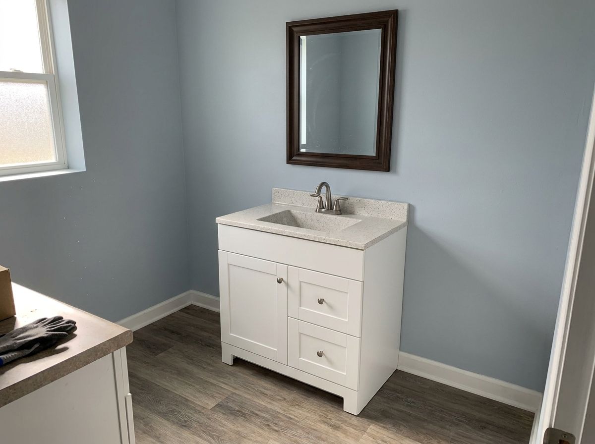 Refreshed employee restroom with new vanity and flooring