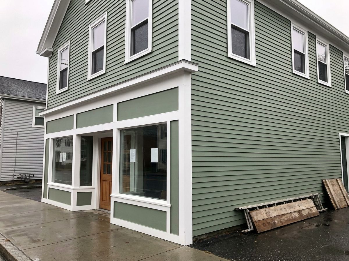 Two-story mixed-use commercial building repainted in a classic New England scheme