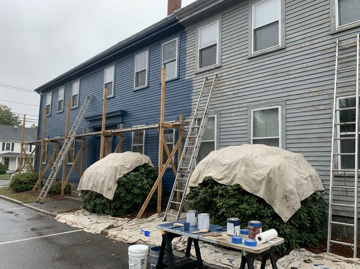 Exterior commercial painting in progress with staging on a New England building
