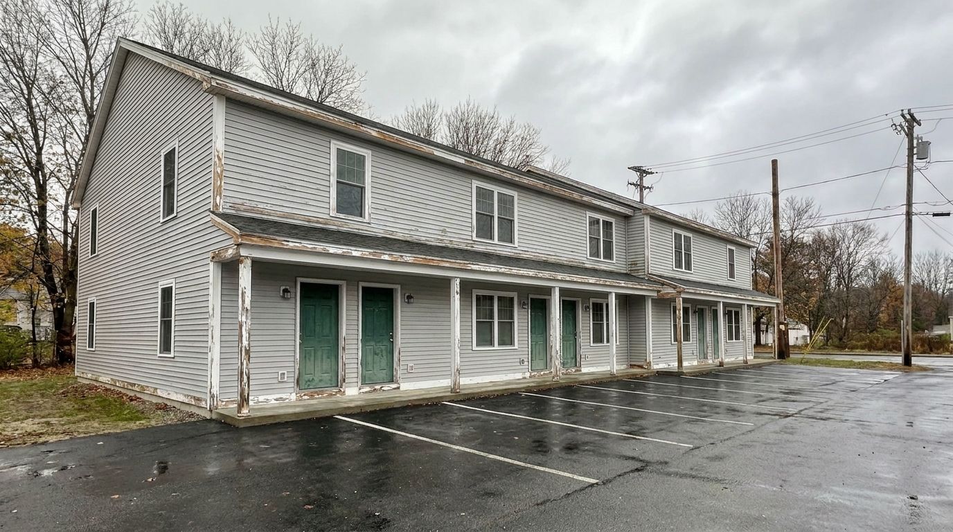 Before - faded and peeling exterior paint on a New England multi-unit commercial property