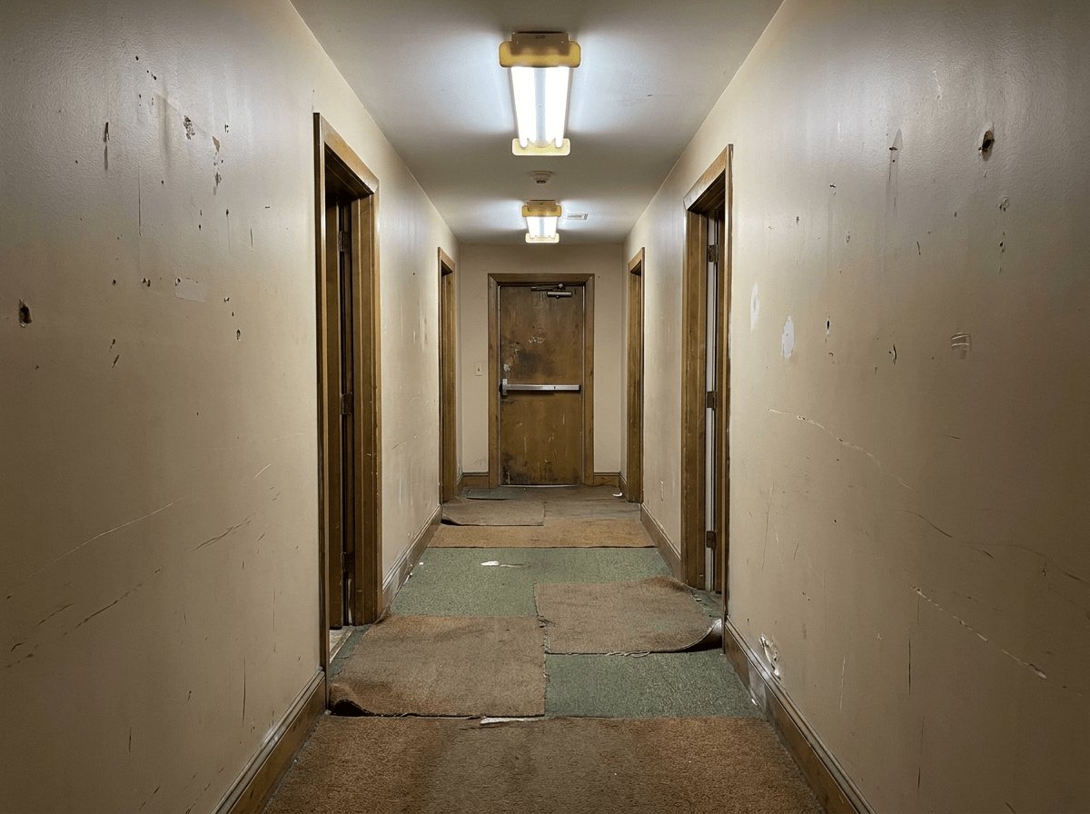 BEFORE - dated commercial office hallway prior to renovation by JP Creative Maintenance