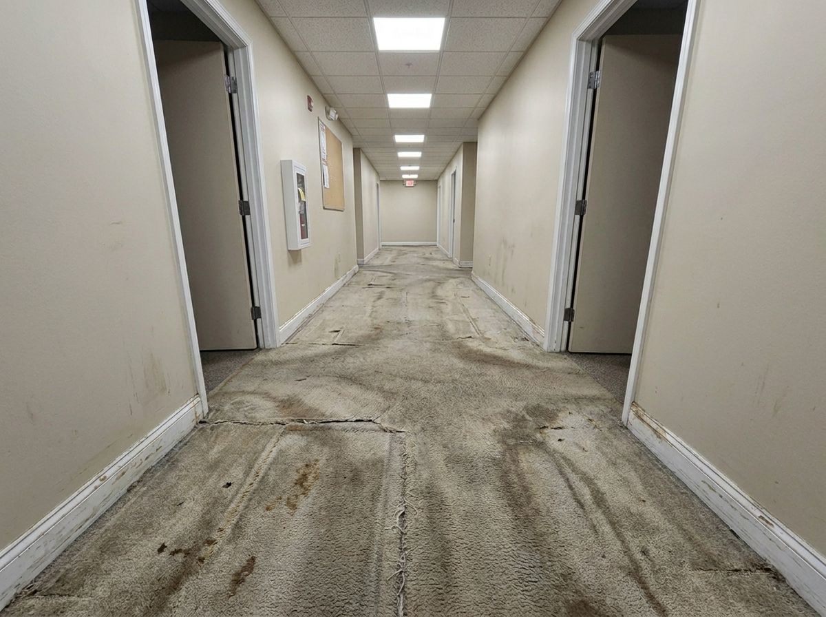 Before - commercial hallway with worn flooring prior to replacement