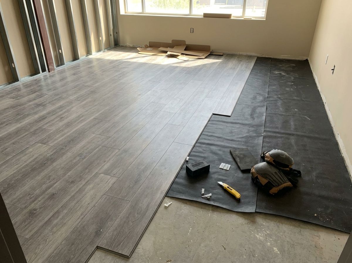 Commercial LVP flooring installation in progress in a Massachusetts office