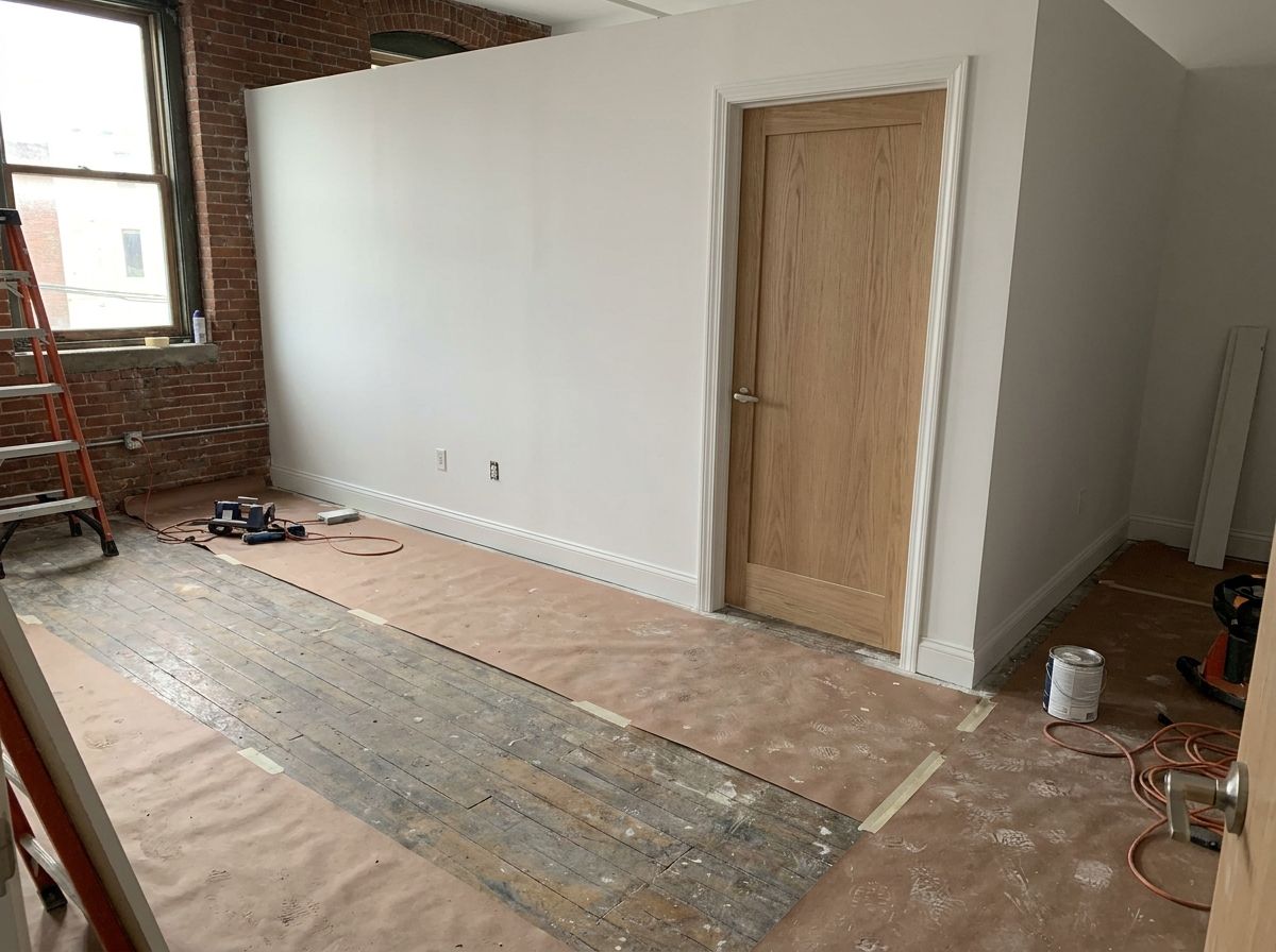 Private office buildout in progress in an older New England commercial building