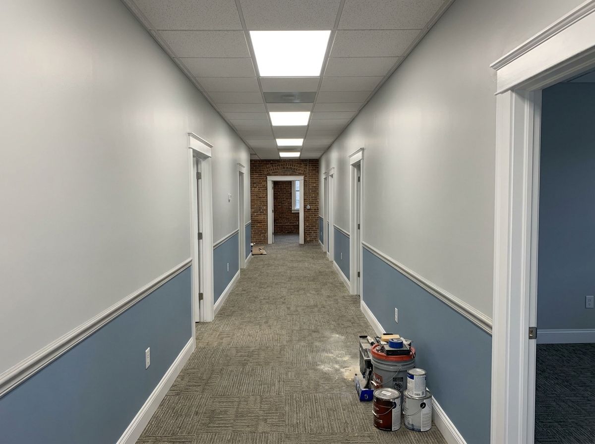 Renovated commercial office hallway with fresh paint and new carpet tile