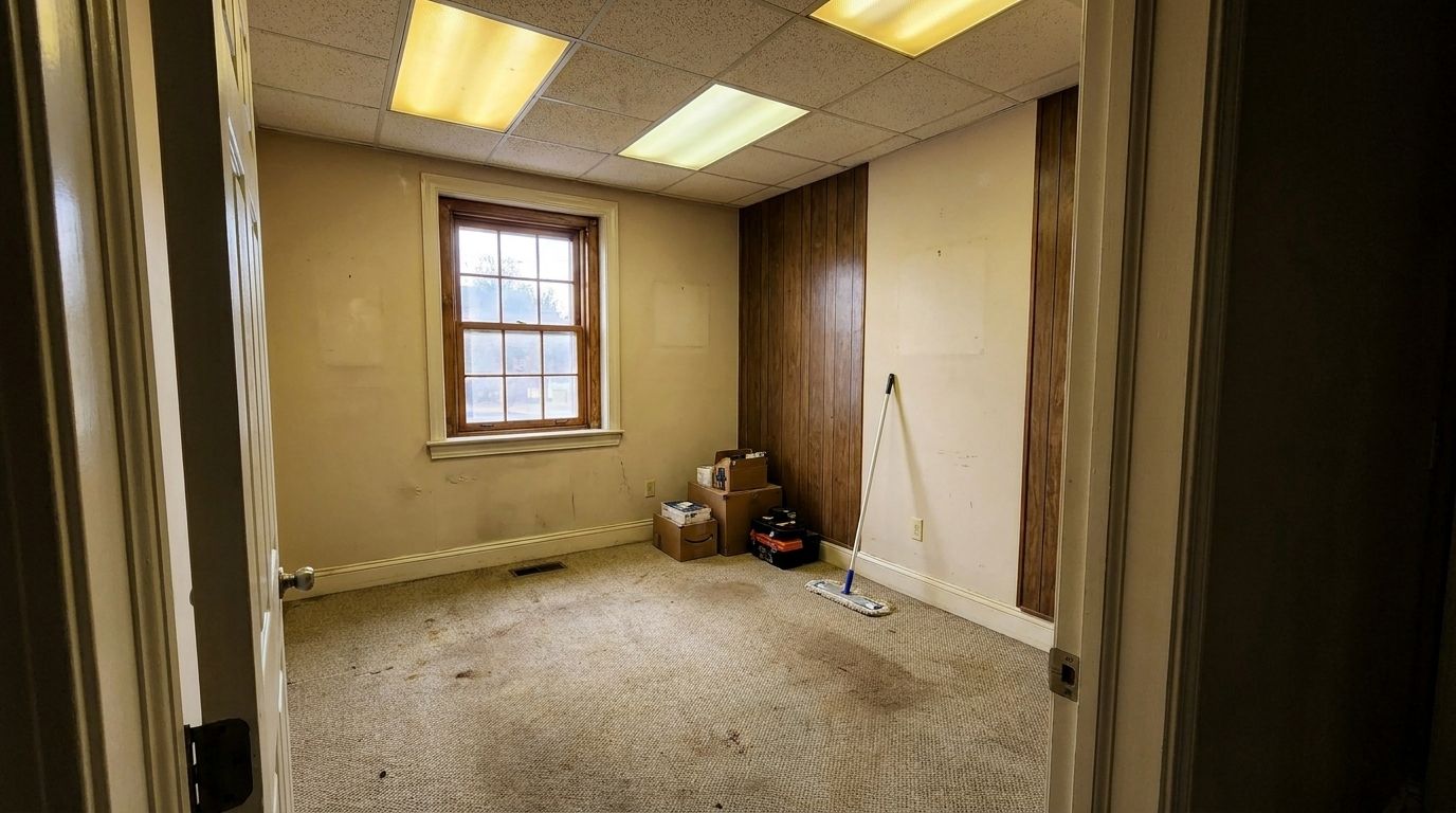 Before - dated office suite with worn carpet and tired walls prior to remodel in Massachusetts