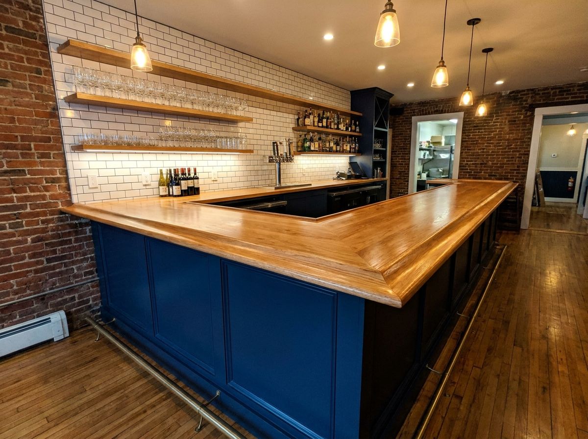 Restaurant bar refresh with refinished wood bar top and new tile backsplash in Greater Boston