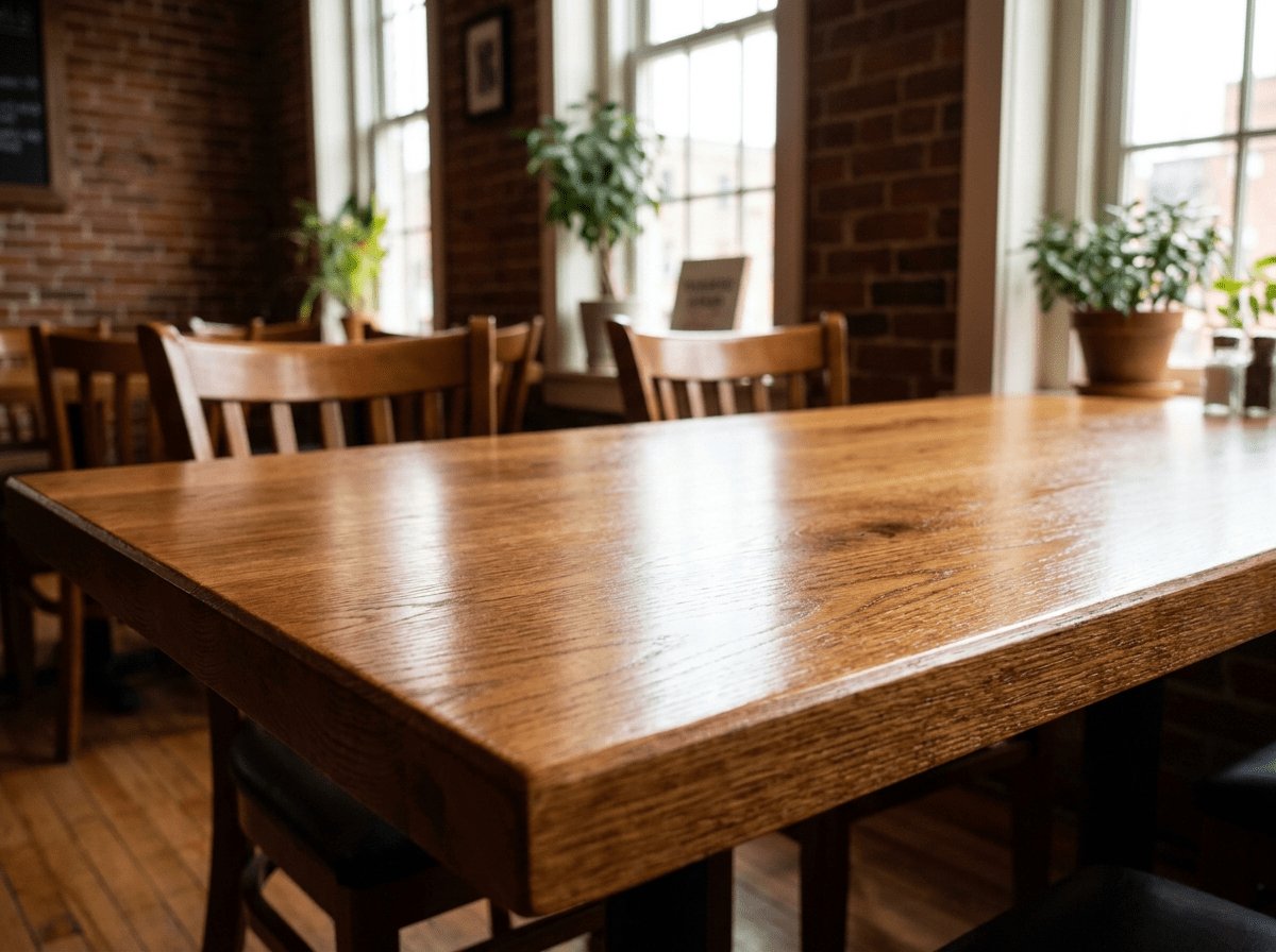 Refinished solid wood restaurant tabletop - commercial table refinishing by JP Creative Maintenance (1)