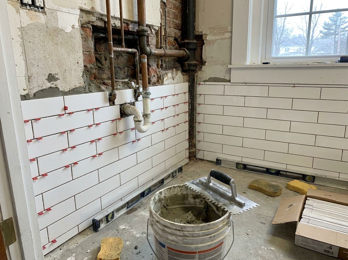 New ceramic wall tile being installed in a commercial restroom
