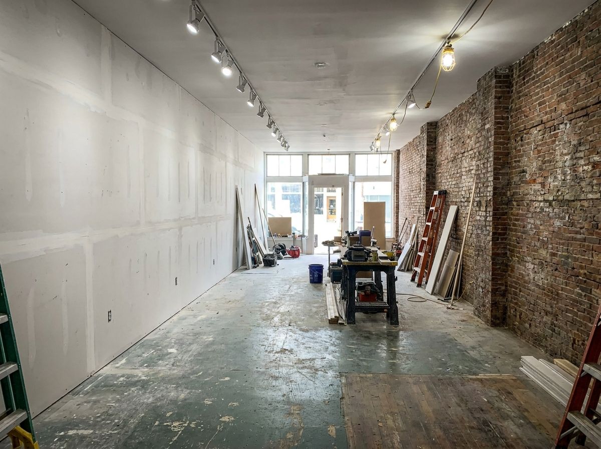 Open retail space being reconfigured in an older New England brick storefront