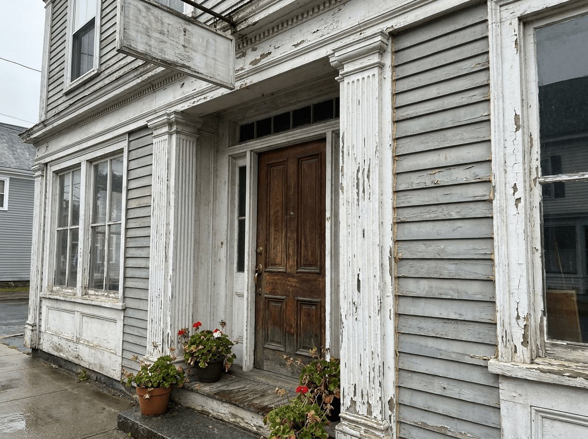BEFORE - worn New England storefront trim with peeling paint prior to restoration