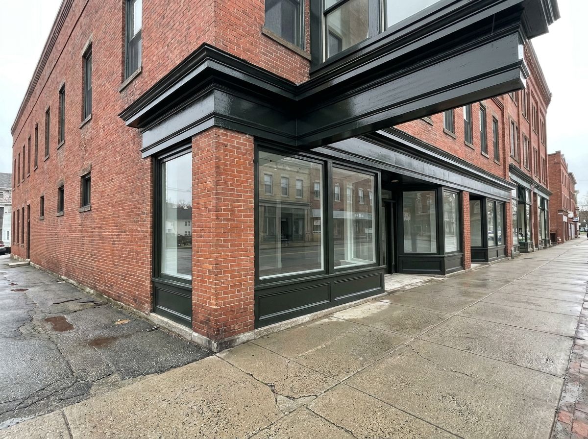 Brick storefront with freshly repainted trim and cornice in a Massachusetts town center