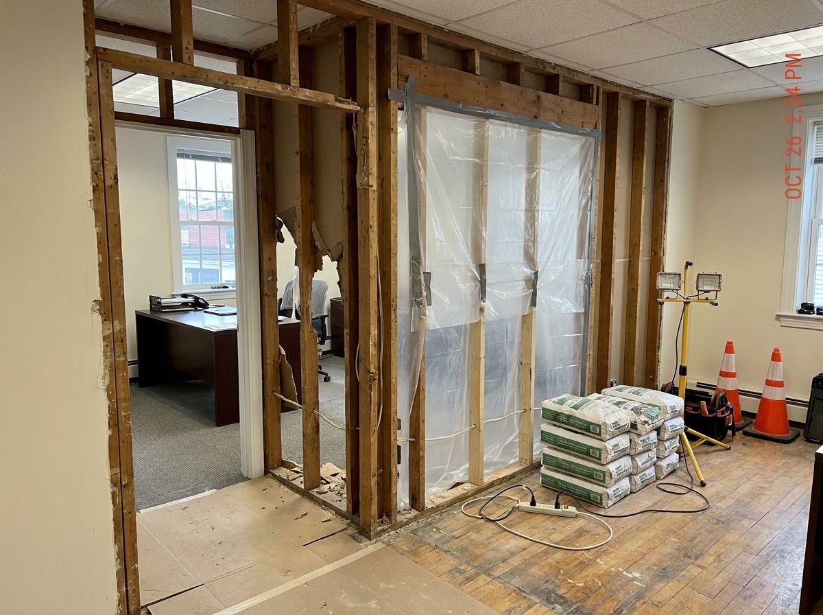 Responsible non-load-bearing partition removal in progress in a Massachusetts office