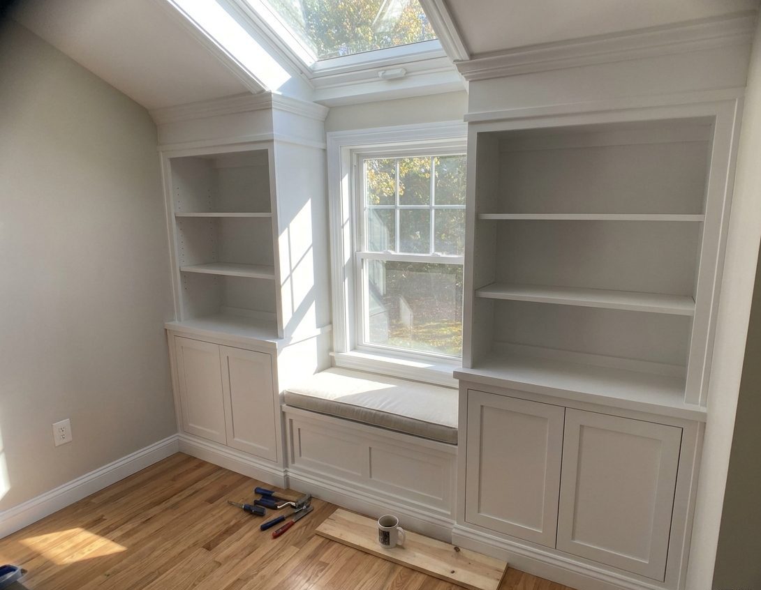 Custom built-in shelving and window seat finish carpentry in a New England home