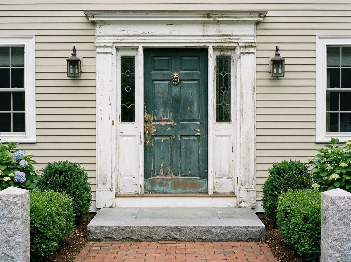 Before: front door refinishing and entry maintenance on a Massachusetts colonial by JP Creative Maintenance