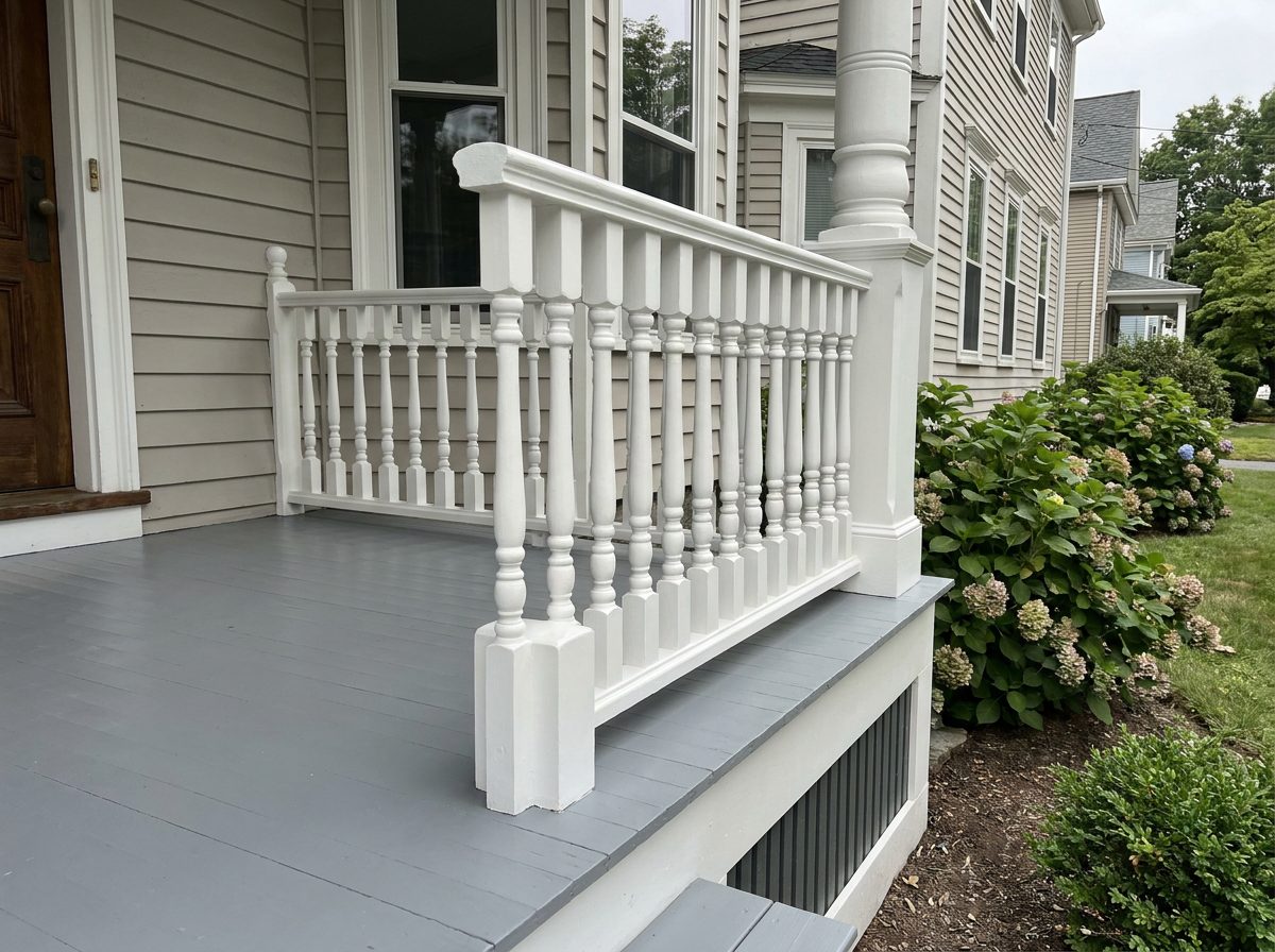 After: porch railing repair and repainting on a Massachusetts home by JP Creative Maintenance