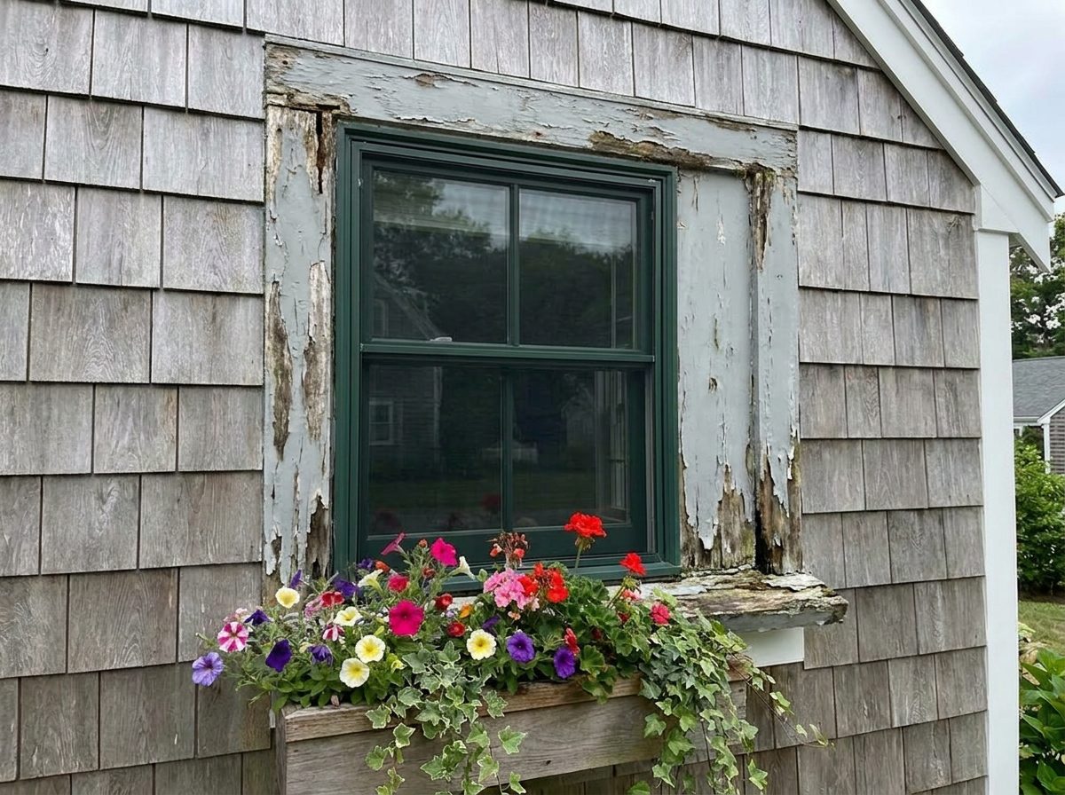 Before: exterior window trim rot repair on a New England cape by JP Creative Maintenance