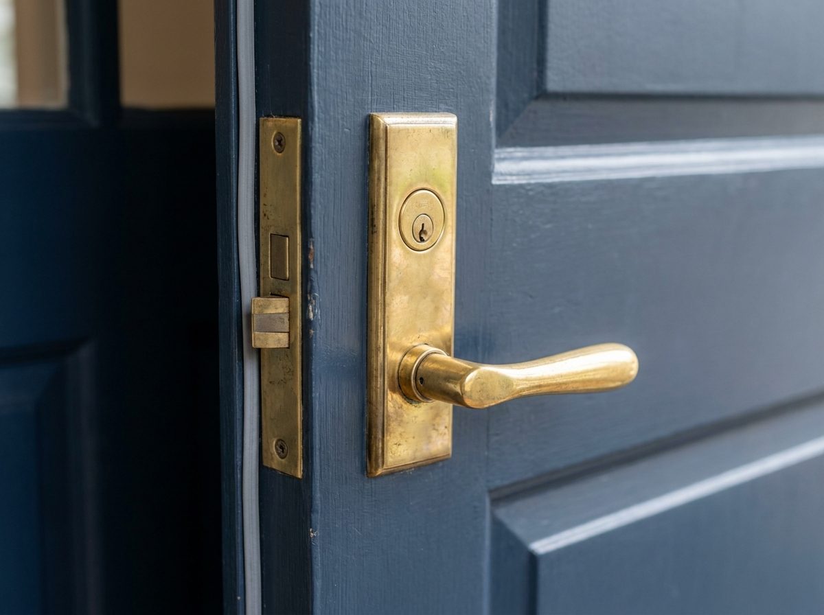 Polished brass lockset and weatherstripping detail on a maintained Massachusetts entry door