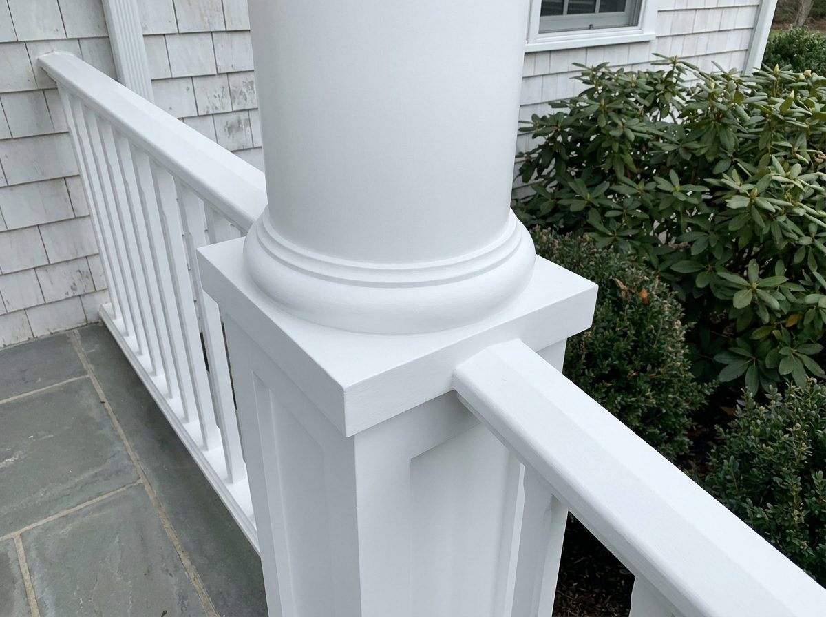 Repaired and repainted porch column and railing detail on a New England home