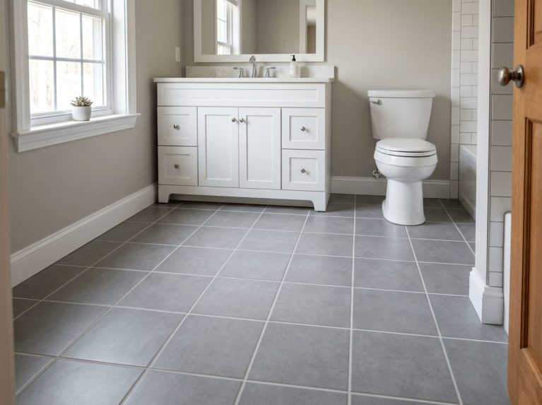 Completed bathroom tile replacement in Bellingham, MA — new grey floor tile with fresh grout lines