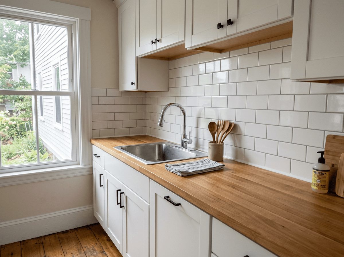 Kitchen cabinet and backsplash update in a Massachusetts home