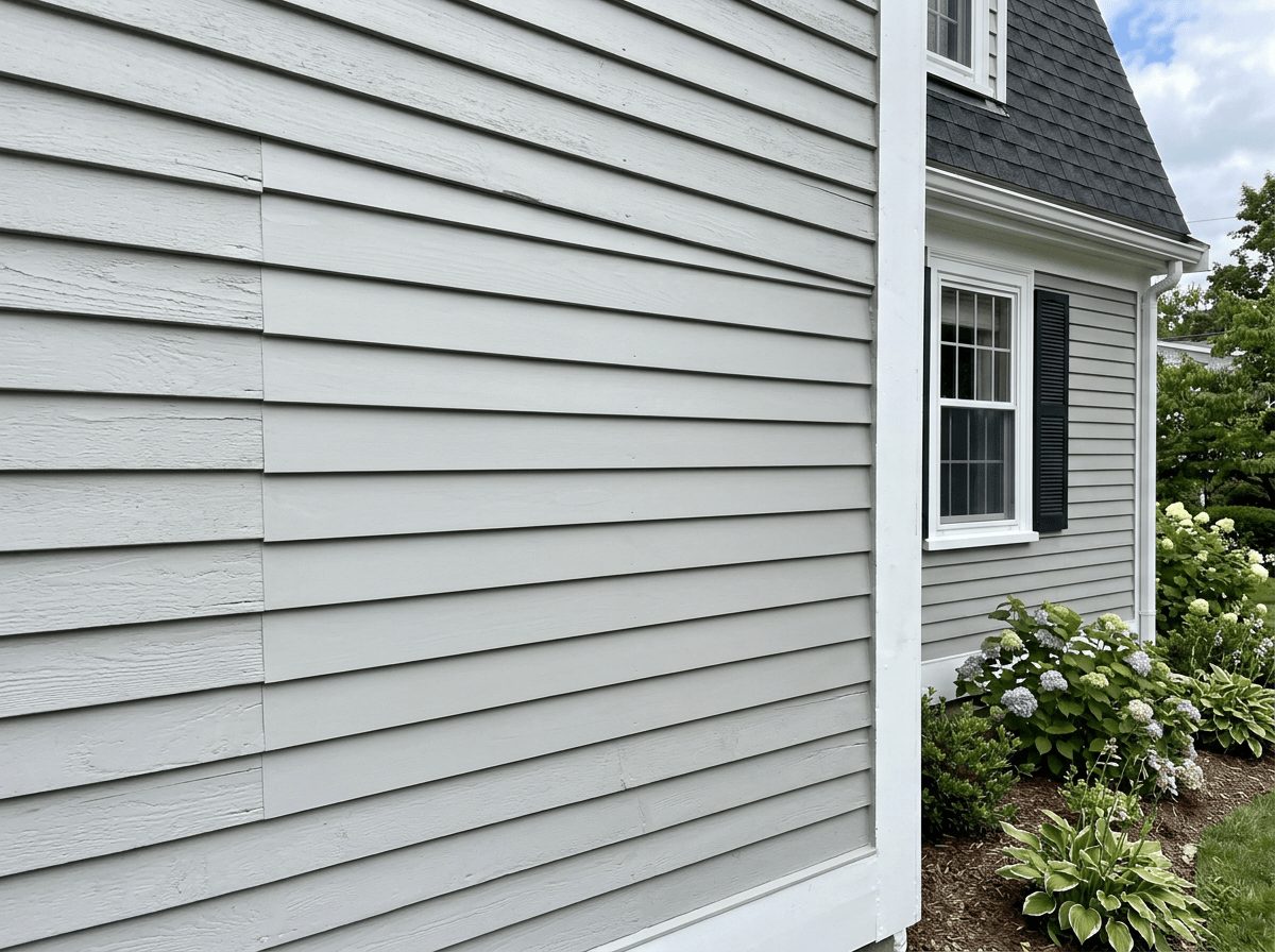 Completed clapboard siding repair in Medfield, MA — damaged boards cut back, replaced, primed, and painted to match by JP Creative Maintenance
